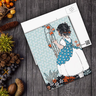 Kleine Vintage Girl Black Curls in Blume Postkarte