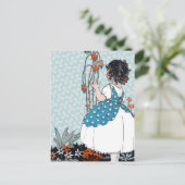 Kleine Vintage Girl Black Curls in Blume Postkarte (Stehend Vorderseite)
