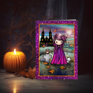 Kleine violette süße Halloween-Vampir, Katze und E Karte