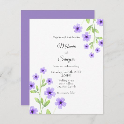 Kleine violette Wasserfarbenblüten Einladung (Vorne/Hinten)