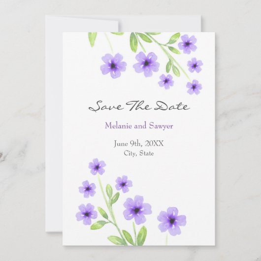 Kleine violette Wasserfarbenblüten Save The Date (Vorderseite)