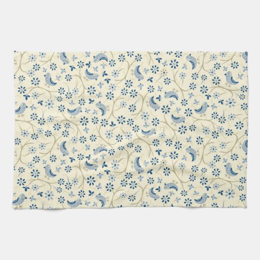 Kleine Vögel auf Zweigen. Retro, blaue Vögel, Sahn Geschirrtuch (Horizontal)