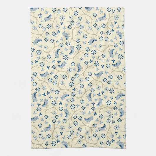 Kleine Vögel auf Zweigen. Retro, blaue Vögel, Sahn Geschirrtuch (Vertikal)