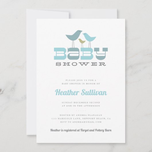 Kleine Vogel-Babyparty-Einladung - Blau Einladung (Vorderseite)