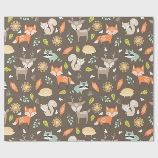 Kleine Waldtiere im braunen Hintergrund Geschenkpapier (Flach)