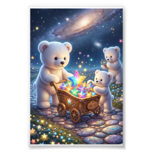 Kleine weiße Bären Magischer Geschenkkarren Sterne Fotodruck