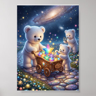 Kleine weiße Bären Magischer Geschenkkarren Sterne Poster