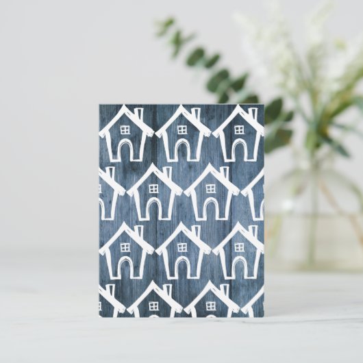 Kleine weiße Häuser auf blauem Holz, die wir umgez Einladung (Stehend Vorderseite)
