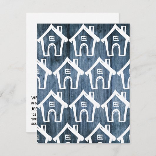 Kleine weiße Häuser auf blauem Holz, die wir umgez Einladung (Vorne/Hinten)