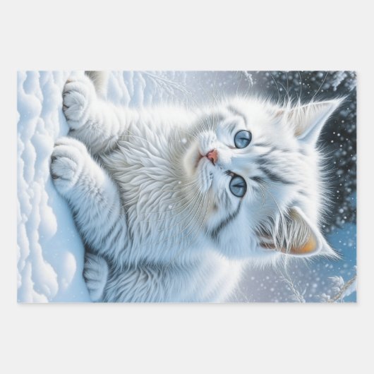 Kleine weiße Kätzchen in Schnee Weihnachten Geschenkpapier Set (Vorderseite 2)