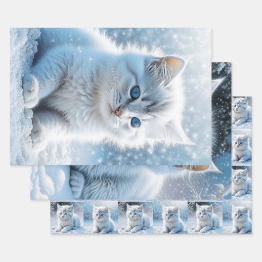 Kleine weiße Kätzchen in Schnee Weihnachten Geschenkpapier Set (Set)