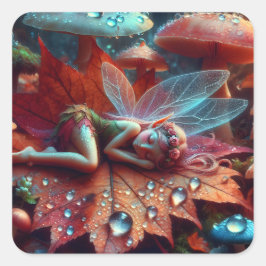 Kleine Whimsical Fairy Schlaf auf einem Lein Quadratischer Aufkleber