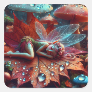 Kleine Whimsical Fairy Schlaf auf einem Lein Quadratischer Aufkleber