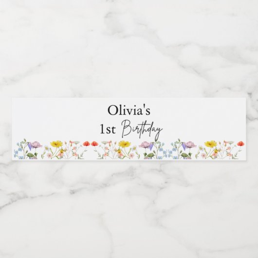 Kleine Wildblume 1. Mädchen Geburtstag Wasserflaschenetikett (Einzelnes Label)
