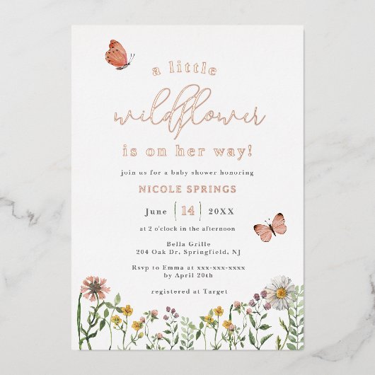 Kleine Wildblume Baby Dusche Rose Gold Folieneinladung (Vorderseite)