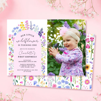Kleine Wildblume Baby Girl 1. Geburtstag Foto Einladung