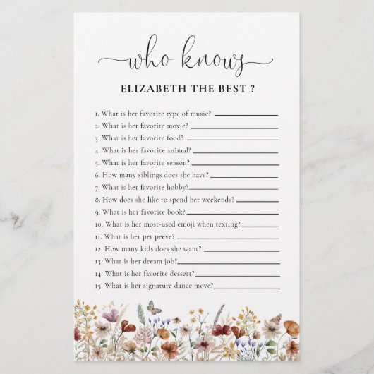 Kleine Wildblume Brautparty Game (Vorderseite)