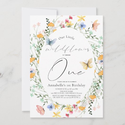Kleine Wildblume Butterfly Oval Girl 1. Geburtstag Einladung (Vorderseite)
