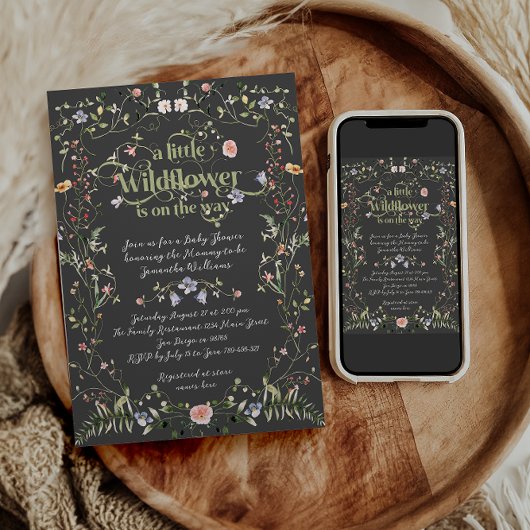 Kleine Wildblume Dark Modern Floral Baby Dusche Einladung
