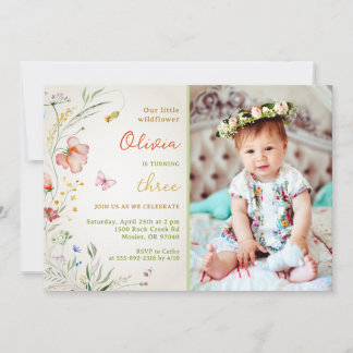 Kleine Wildblume Floral Baby Girl Geburtstag Foto Einladung