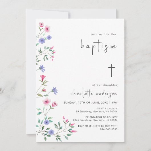 Kleine Wildblume Frühling Kreuz Christening Taufe Einladung (Vorderseite)