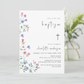 Kleine Wildblume Frühling Kreuz Christening Taufe Einladung (Stehend Vorderseite)