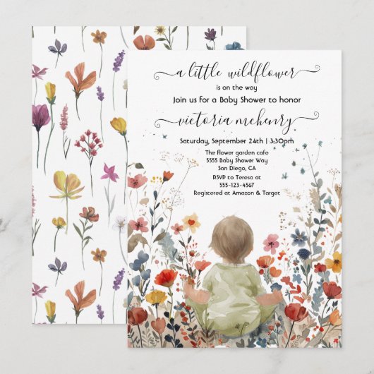 Kleine Wildblume Gartenwiese Babydusche Einladung (Vorne/Hinten)
