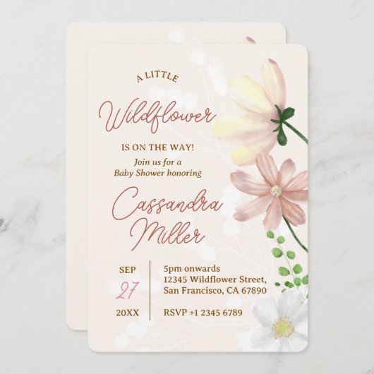 Kleine Wildblume ist auf dem Weg zur Babydusche Einladung (Vorne/Hinten)