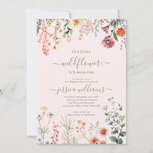 Kleine Wildblume macht einen Hübschen 1. Geburtsta Einladung (Vorderseite)