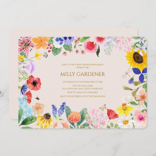 Kleine Wildblume Mama auf Bee Baby Dusche Einladung (Vorne/Hinten)