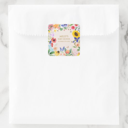 Kleine Wildblume Mama auf Bee Baby Dusche Quadratischer Aufkleber (Tasche)