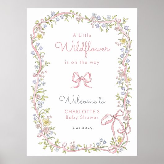 Kleine Wildblume Rosa Bow Babydusche Empfang Poster (Vorne)