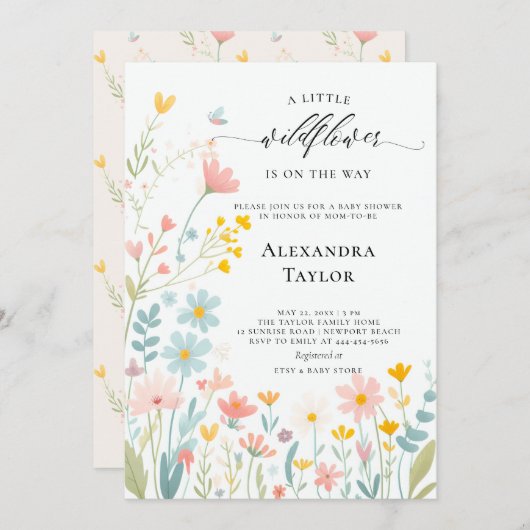 Kleine Wildblume Script Pastels Baby Girl Shower Einladung (Vorne/Hinten)