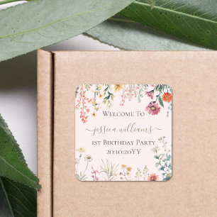 Kleine Wildblume wird ein Jahr alt Hübscher 1. Geb Quadratischer Aufkleber