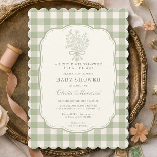 Kleine Wildblumen-Sage-Grün-Gingham-Baby-Party Einladung