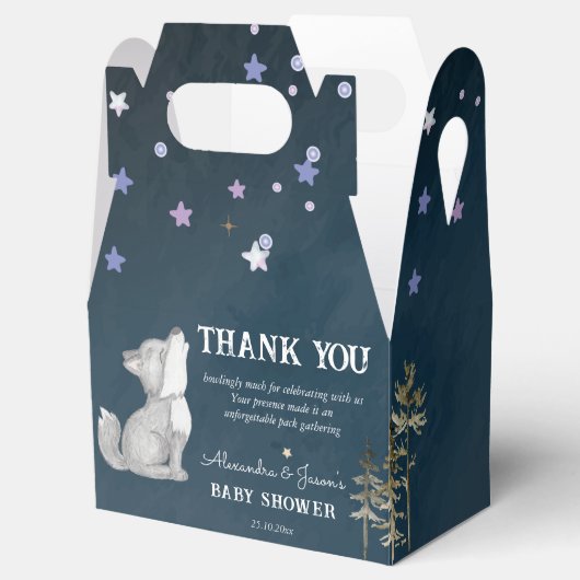 Kleine Wolfspandschuhe zum Thema Babydusche Geschenkschachtel (Geöffnet)