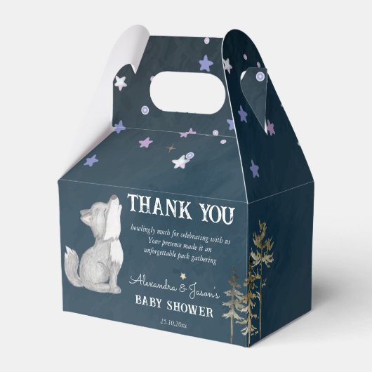 Kleine Wolfspandschuhe zum Thema Babydusche Geschenkschachtel (Vorderseite)