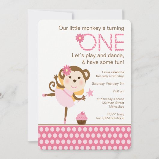 Kleiner Affe-Geburtstag mit Balerina Einladung (Vorderseite)