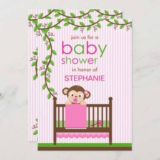 Kleiner Affe in einer Crib Girl Babydusche Einladung (Vorne/Hinten)