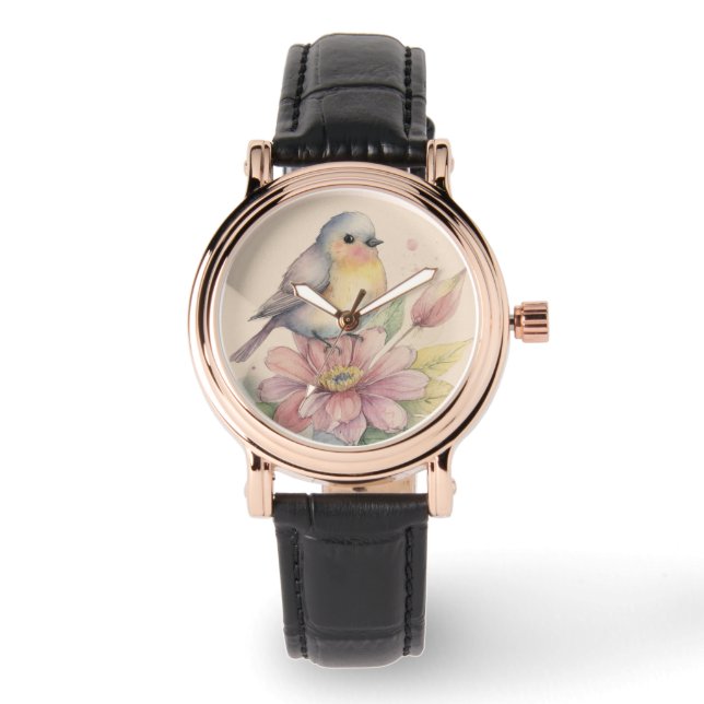 Kleiner Aquarellvogel in einer Uhr! Armbanduhr (Vorderseite)