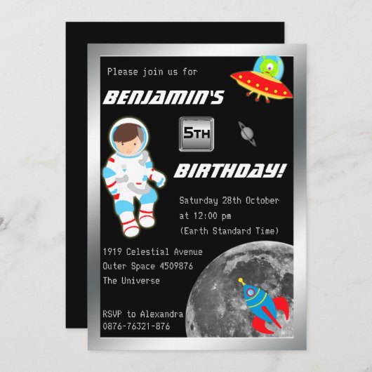 Kleiner Astronaut im Weltraum Geburtstag Einladung (Vorne/Hinten)