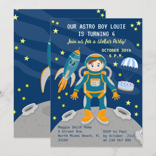 Kleiner Astronautenjunge träumt Geburtstagsparty Einladung (Vorne/Hinten)