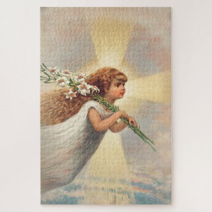 Kleiner Baby-Engel hält Lilien Puzzle