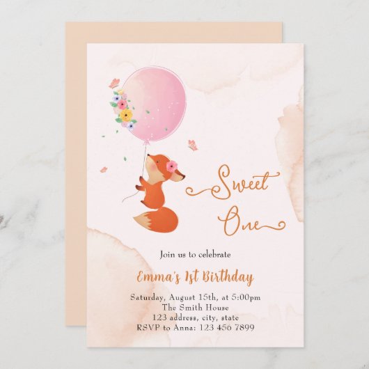 Kleiner Babyfuchs mit Ballon Einladung (Vorne/Hinten)