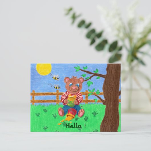 Kleiner Bär mit Honig, Hallo! Postkarte (Stehend Vorderseite)