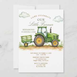 Kleiner Bauer Sage Green Traktor 1. Geburtstag Einladung