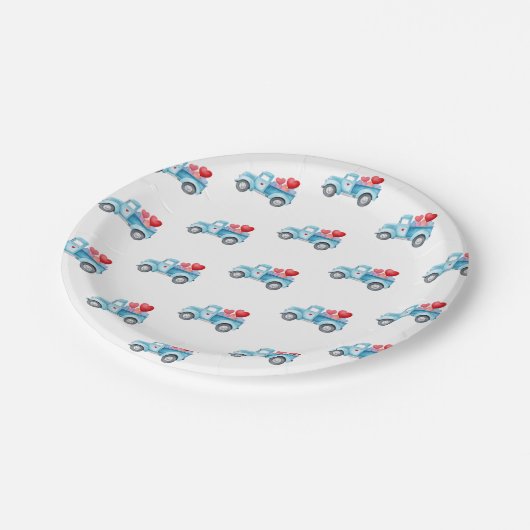 Kleiner blauer LKW Valentinstag Party Pappteller (Schrägansicht)