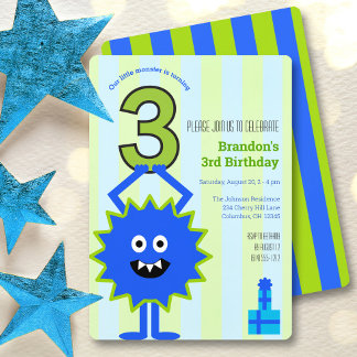 Kleiner blauer Monster 3. Geburtstag Junge Spaß N Einladung