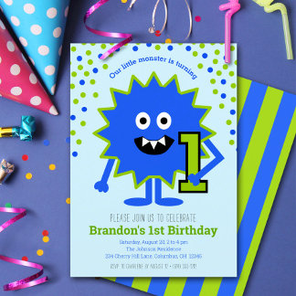 Kleiner blauer Monster-Junge 1. Geburtstag süß lus Einladung