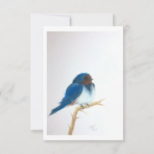 Kleiner blauer Vogel auf einem Ast - Originalkunst Dankeskarte